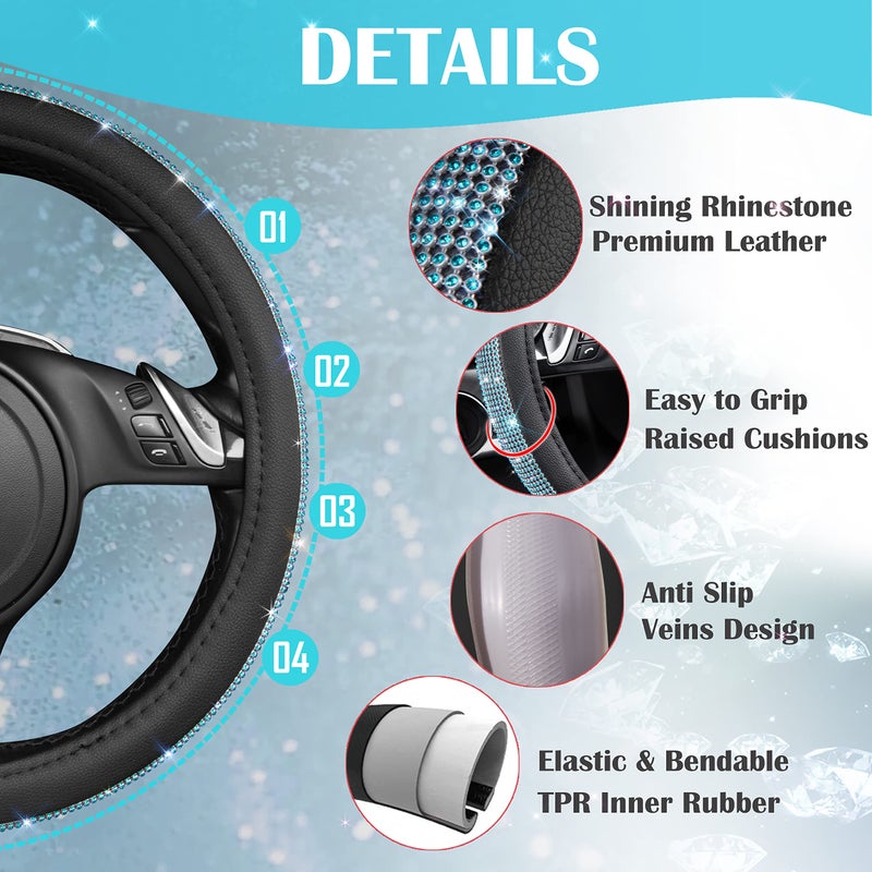CAR PASS Mint Diamond Black Leather Steering Wheel Cover, Bling Blue Crystal Rhinestones Universal Fit 14"1/2-15" Crystal Glitter for Women Sparkle Girl Fit Suvs,Vans,Sedans,Cars,Trucks, Mint Diamond - Image 5